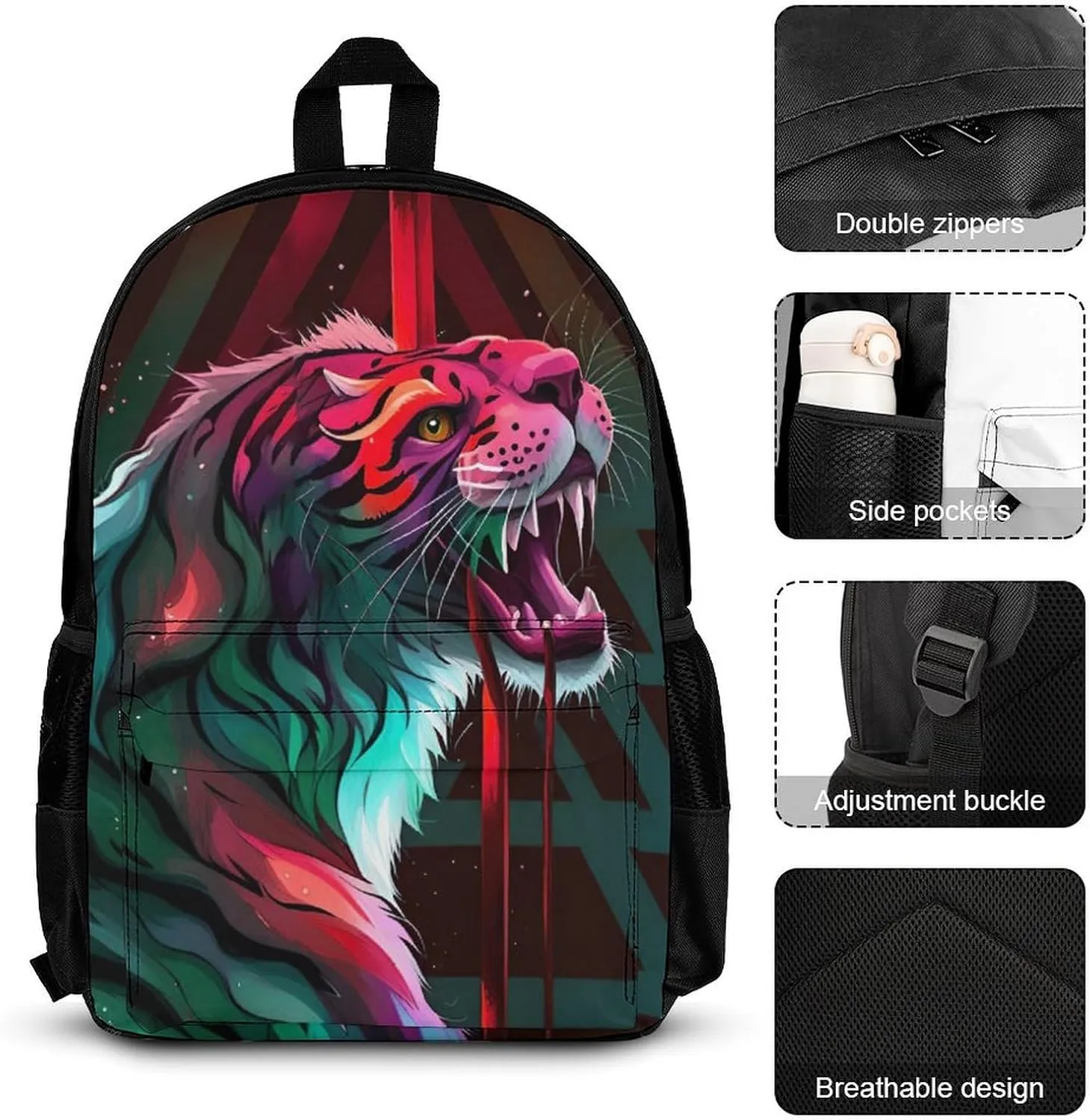 Supdreamc Travel Hiking Daypack 3 Piece Daypack Climbing Shoulder Bag Big Capacity Rucksacks Angry Tiger Rainbow Animal Magic Art Shoulder Book Bags for Men Women
