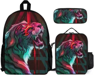 Supdreamc Travel Hiking Daypack 3 Piece Daypack Climbing Shoulder Bag Big Capacity Rucksacks Angry Tiger Rainbow Animal Magic Art Shoulder Book Bags for Men Women