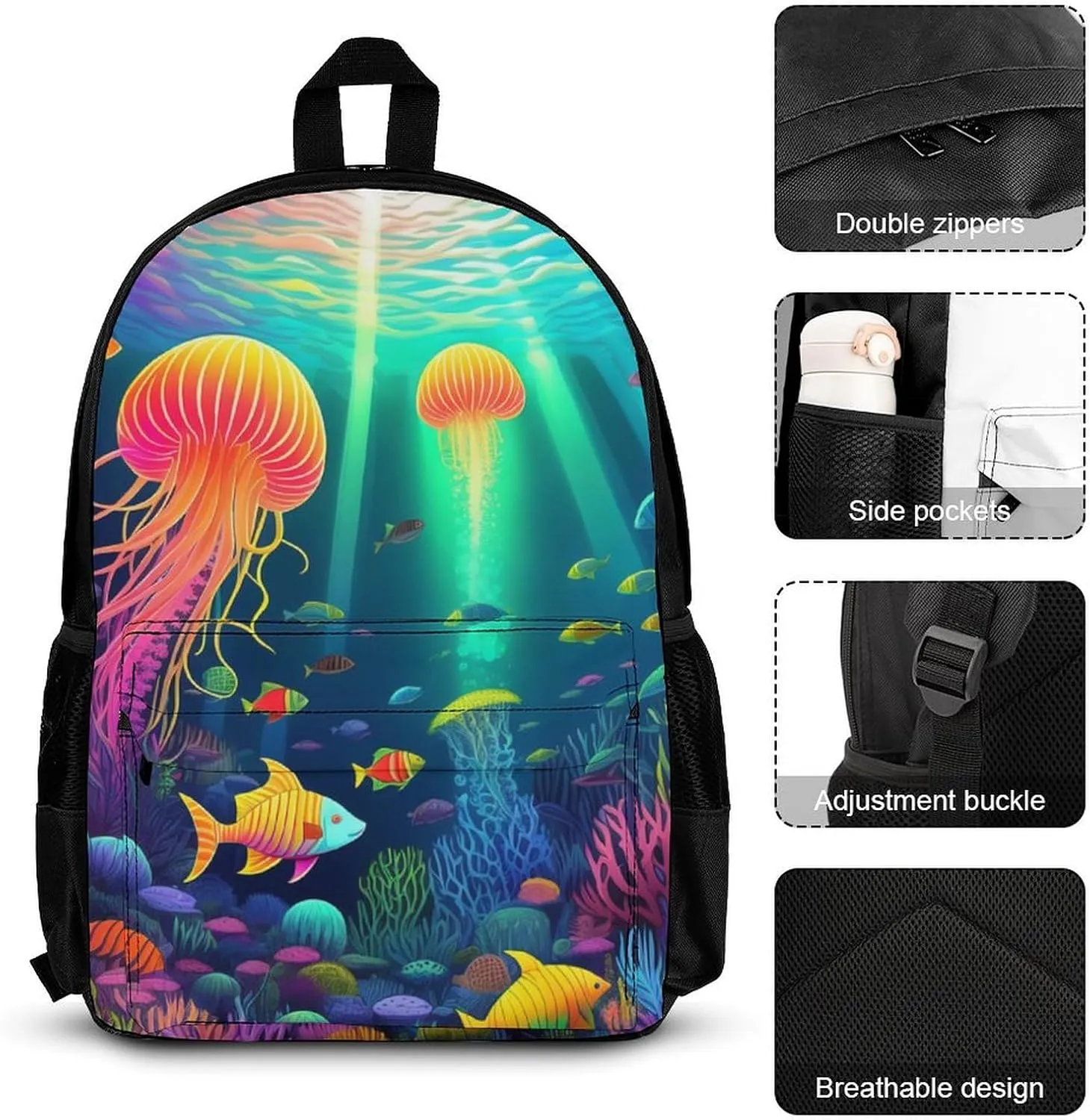 Supdreamc Travel Hiking Daypack 3 Piece Daypack Sets Shoulder Bag Big Capacity Rucksacks Beautiful Underwater World Fish Jellyfish Art Shoulder Book Bags for Adult