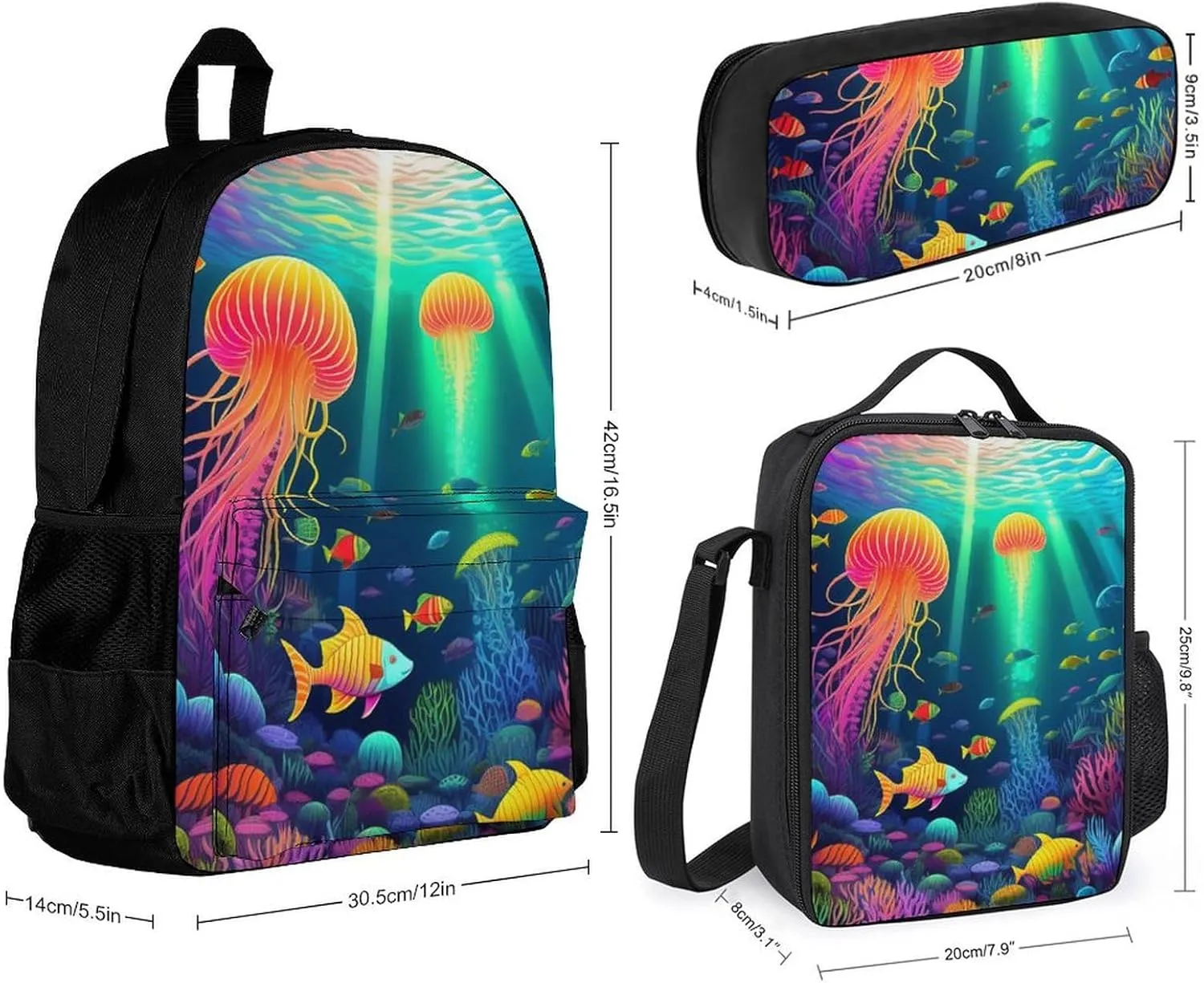 Supdreamc Travel Hiking Daypack 3 Piece Daypack Sets Shoulder Bag Big Capacity Rucksacks Beautiful Underwater World Fish Jellyfish Art Shoulder Book Bags for Adult