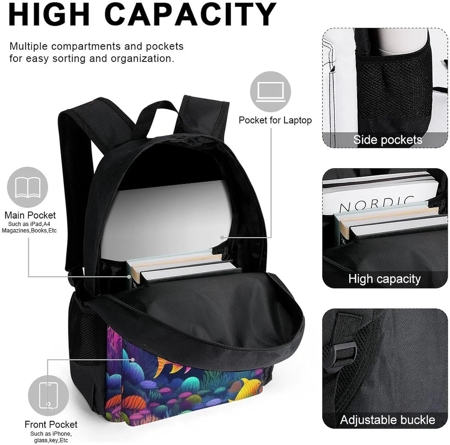 Supdreamc Travel Hiking Daypack 3 Piece Daypack Sets Shoulder Bag Big Capacity Rucksacks Beautiful Underwater World Fish Jellyfish Art Shoulder Book Bags for Adult