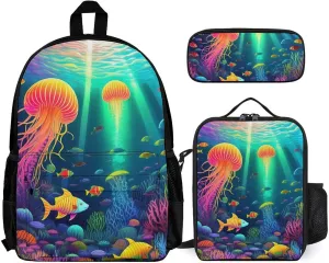 Supdreamc Travel Hiking Daypack 3 Piece Daypack Sets Shoulder Bag Big Capacity Rucksacks Beautiful Underwater World Fish Jellyfish Art Shoulder Book Bags for Adult
