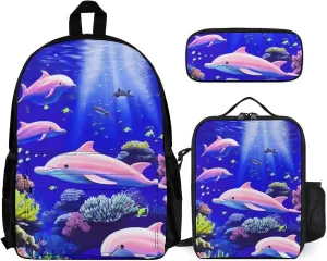 Supdreamc Travel Hiking Daypack 3 Piece Daypack Sets Shoulder Bag Big Capacity Rucksacks Magical Underwater World Of Dolphins And Fish Art Shoulder Book Bags for Adult