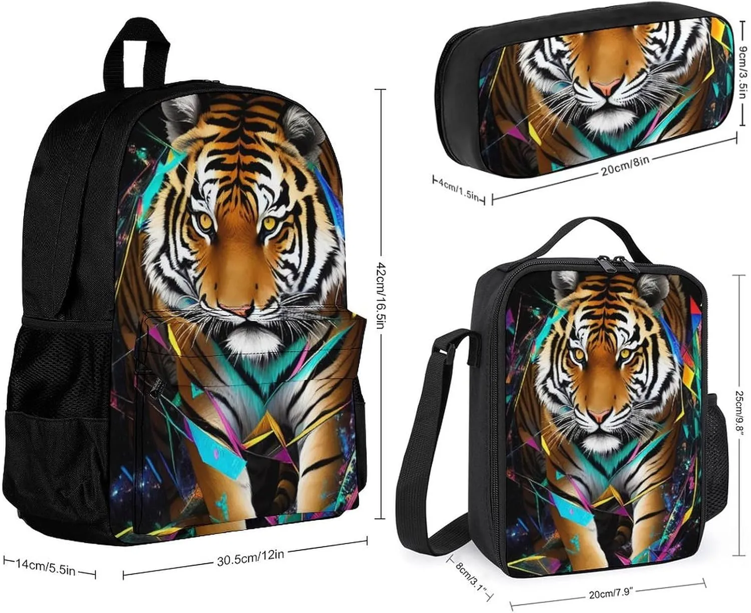 Supdreamc Trippy Tiger Animal Art Backpack Sets Daypack 3 Piece Multipurpose Rucksacks Lunch Bag Pencil Case Big Capacity Carry On Bag, One Size