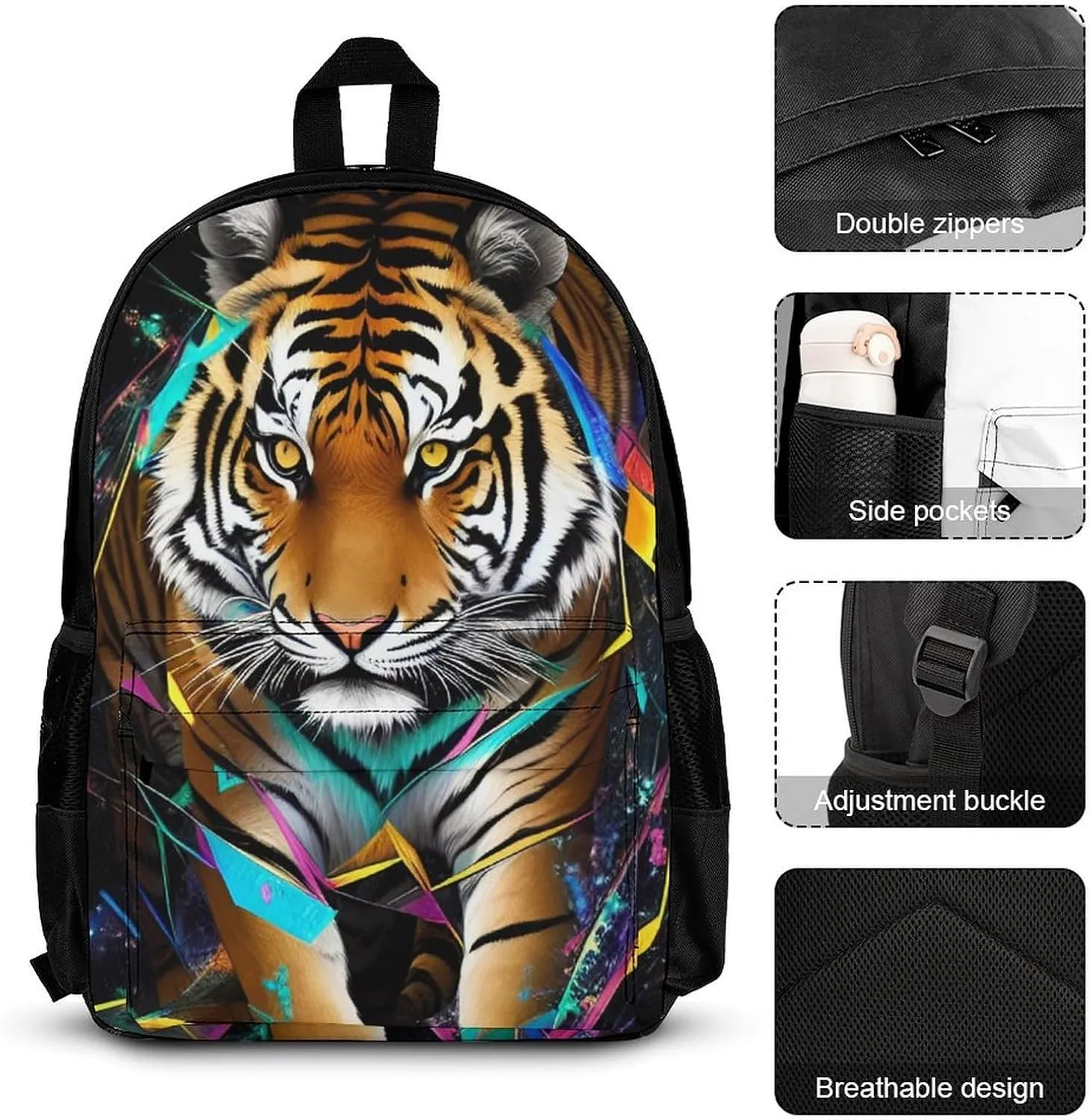 Supdreamc Trippy Tiger Animal Art Backpack Sets Daypack 3 Piece Multipurpose Rucksacks Lunch Bag Pencil Case Big Capacity Carry On Bag, One Size