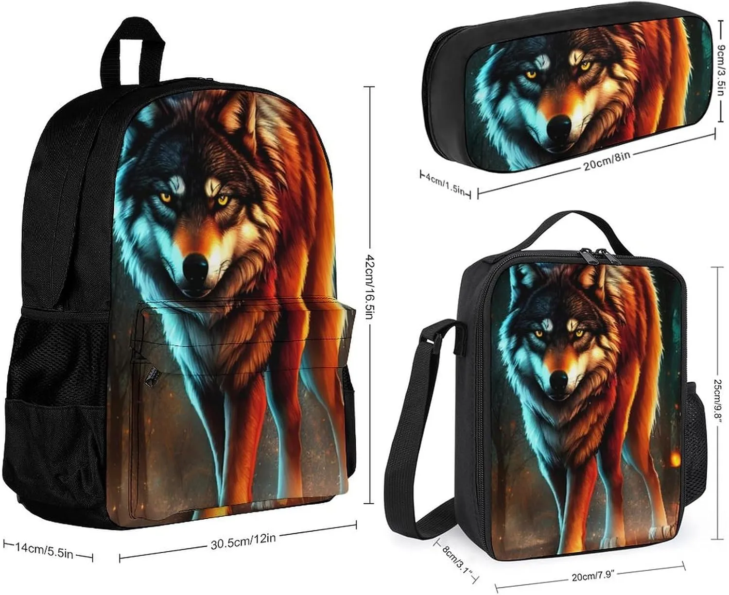 Supdreamc Wolf Glare Art Backpack Sets Daypack 3 Piece Multipurpose Rucksacks Lunch Bag Pencil Case Big Capacity Carry On Bag, One Size