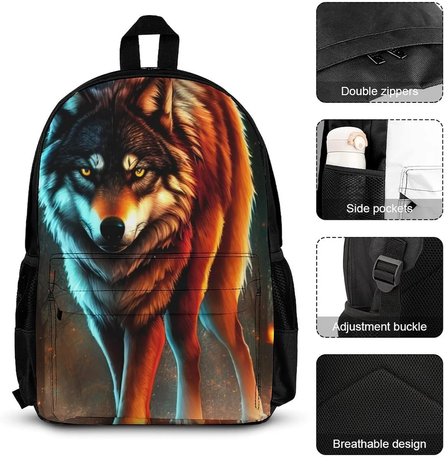 Supdreamc Wolf Glare Art Backpack Sets Daypack 3 Piece Multipurpose Rucksacks Lunch Bag Pencil Case Big Capacity Carry On Bag, One Size