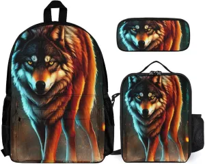 Supdreamc Wolf Glare Art Backpack Sets Daypack 3 Piece Multipurpose Rucksacks Lunch Bag Pencil Case Big Capacity Carry On Bag, One Size