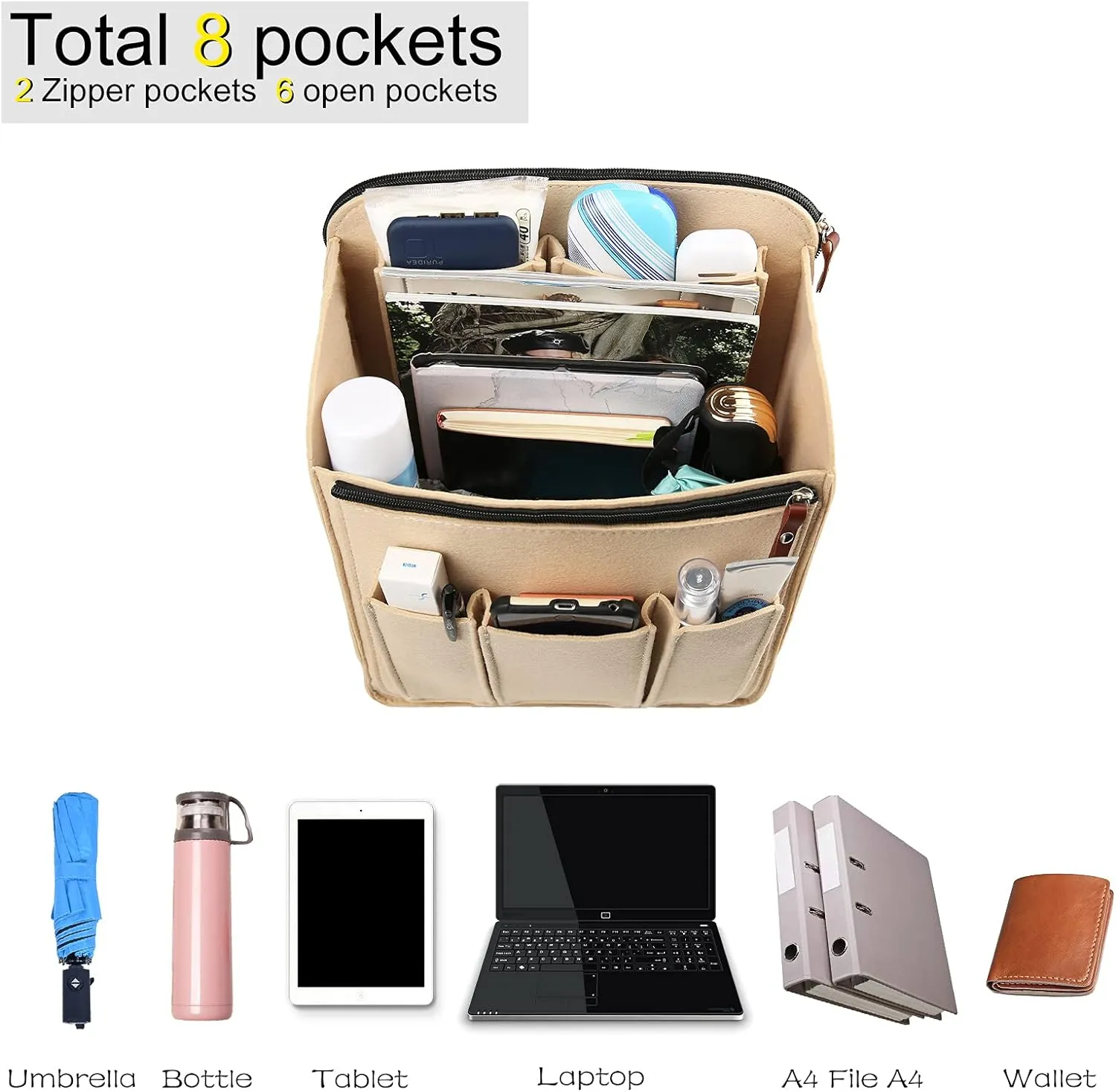 Surblue Felt Backpack Organizer Insert for Travel Rucksack and Daypack, Bag Insert Liner Pocket with Zipper, Large Capacity Divider Foldable Shoulder Bag Organizer for Men and Women, (Beige, XL)