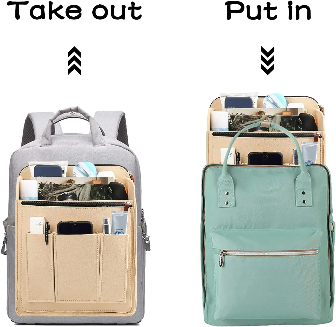 Surblue Felt Backpack Organizer Insert for Travel Rucksack and Daypack, Bag Insert Liner Pocket with Zipper, Large Capacity Divider Foldable Shoulder Bag Organizer for Men and Women, (Beige, XL)