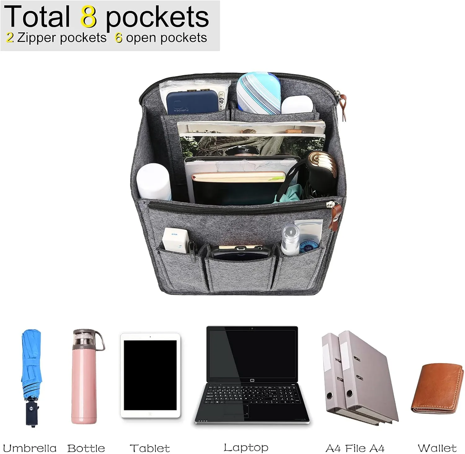 Surblue Felt Backpack Organizer Insert for Travel Rucksack and Daypack, Bag Insert Liner Pocket with Zipper, Large Capacity Divider Foldable Shoulder Bag Organizer for Men and Women, (Grey, XL)