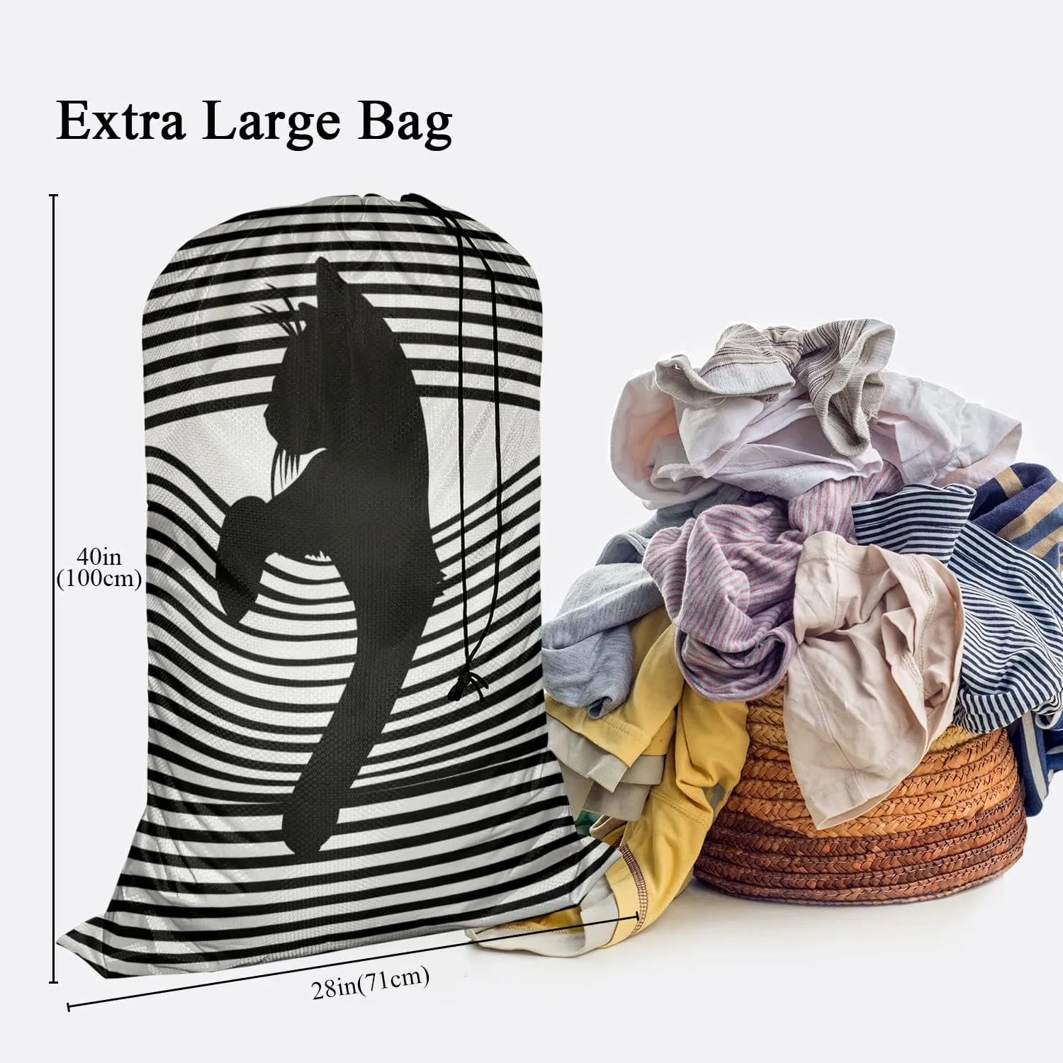 Swono Cool Cat Drawstring Laundry Bag Pop Art Striped Animal Silhouette Oversize Storage/Travel Bag for Home or Home - Measures 28 x 40 Inch, Oxford Cloth, Black White
