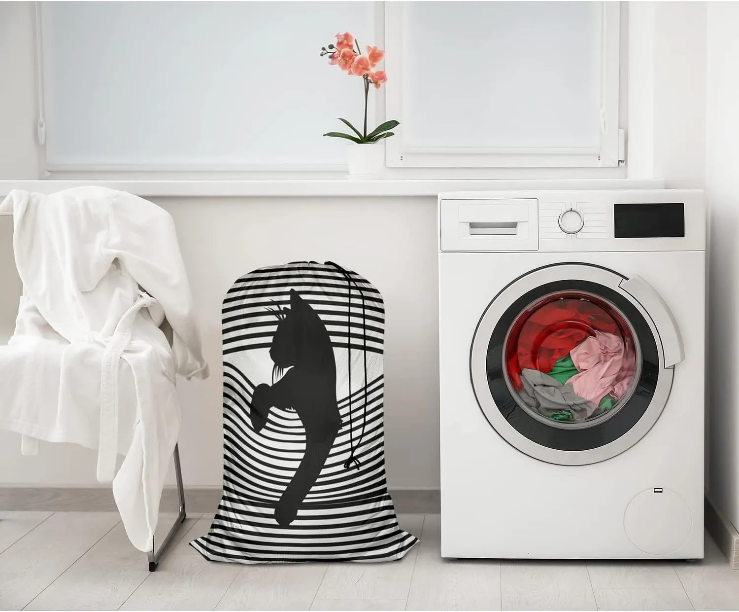 Swono Cool Cat Drawstring Laundry Bag Pop Art Striped Animal Silhouette Oversize Storage/Travel Bag for Home or Home - Measures 28 x 40 Inch, Oxford Cloth, Black White