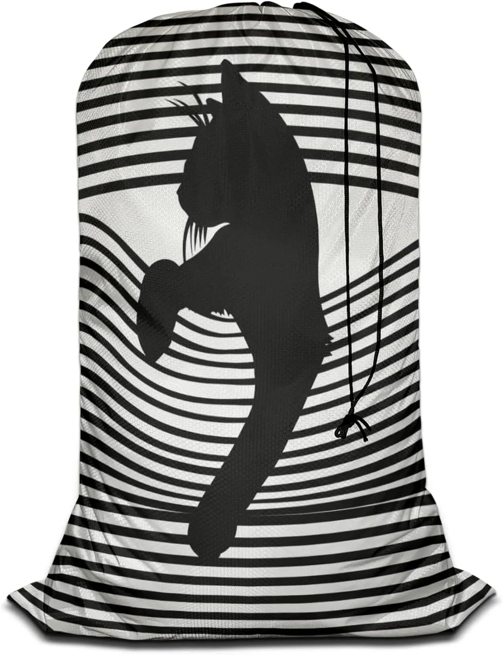 Swono Cool Cat Drawstring Laundry Bag Pop Art Striped Animal Silhouette Oversize Storage/Travel Bag for Home or Home - Measures 28 x 40 Inch, Oxford Cloth, Black White