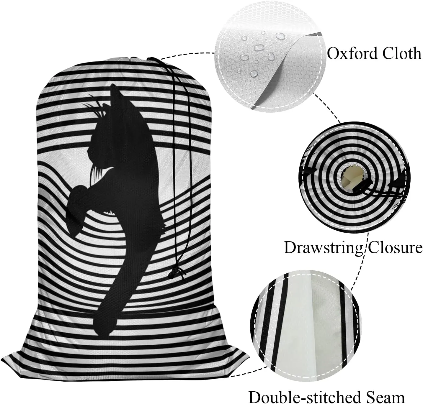 Swono Cool Cat Drawstring Laundry Bag Pop Art Striped Animal Silhouette Oversize Storage/Travel Bag for Home or Home - Measures 28 x 40 Inch, Oxford Cloth, Black White