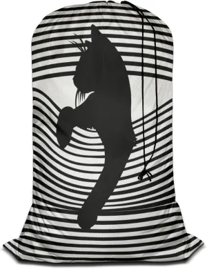 Swono Cool Cat Drawstring Laundry Bag Pop Art Striped Animal Silhouette Oversize Storage/Travel Bag for Home or Home - Measures 28 x 40 Inch, Oxford Cloth, Black White