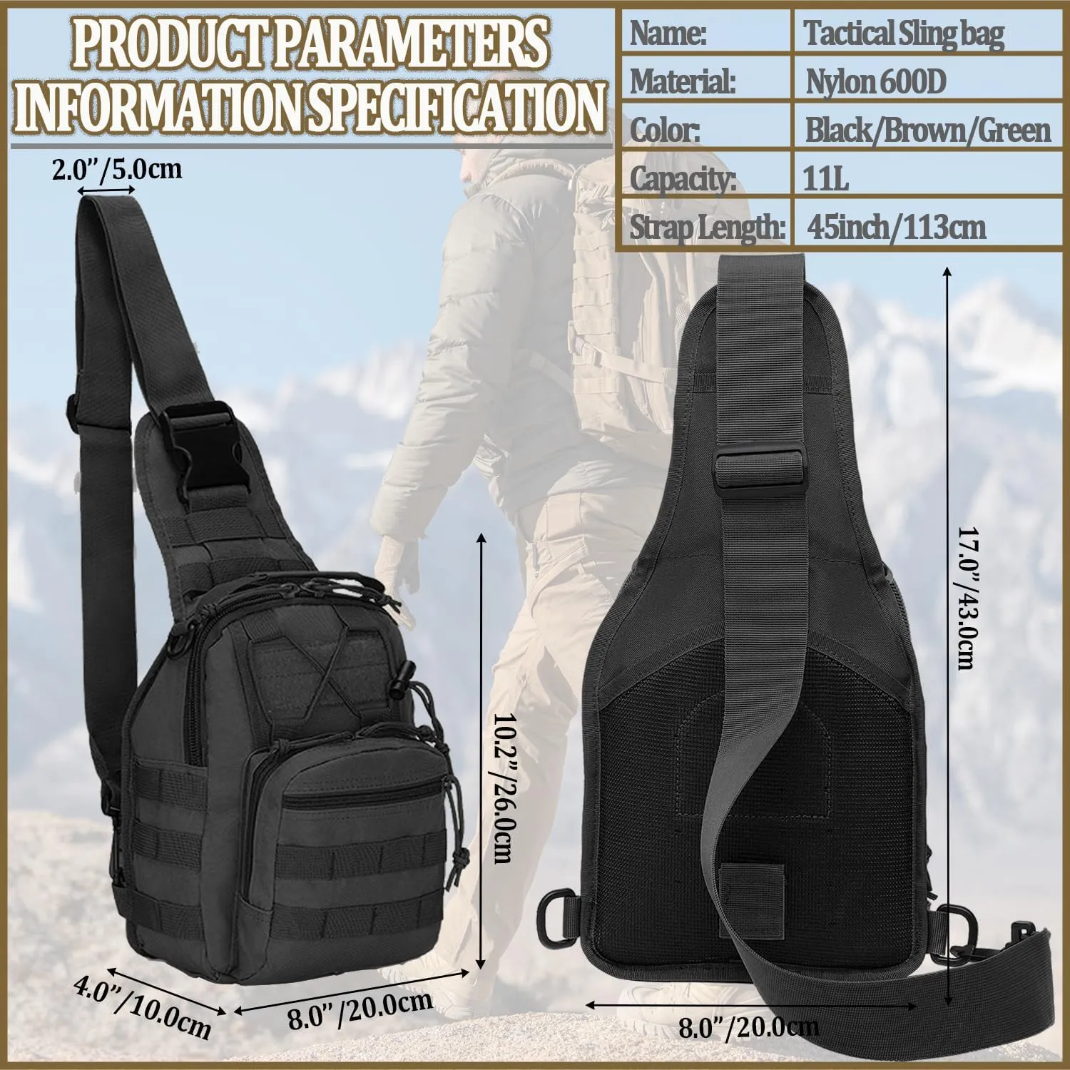 Taeku Tactical Sling Bag, Waterproof Military Crossbody Pack Chest Bag for Men Outdoor EDC Shoulder Backpack Sports Bag (Black)