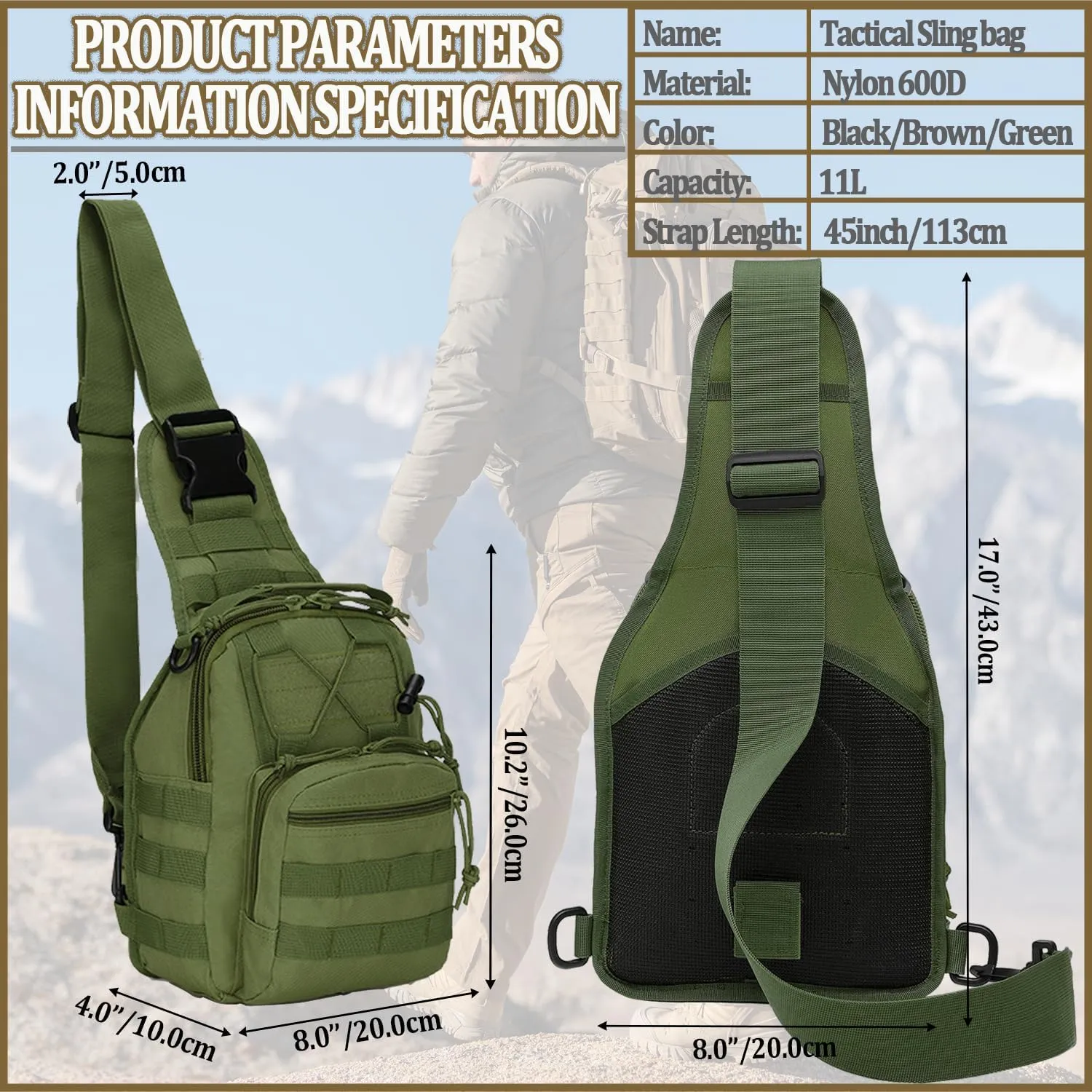 Taeku Tactical Sling Bag, Waterproof Military Crossbody Pack Chest Bag for Men Outdoor EDC Shoulder Backpack Sports Bag (Green)