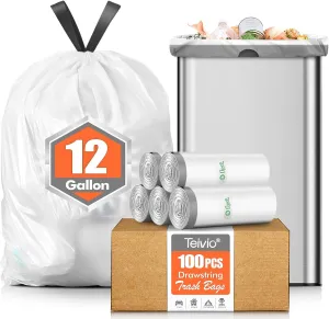 Teivio 12 Gallon 100 Counts Strong Drawstring Trash Bags Garbage Bags, Medium Kitchen Trash Can Bathroom Bin Liners, Plastic Trash Bags for Home Office Kitche, White