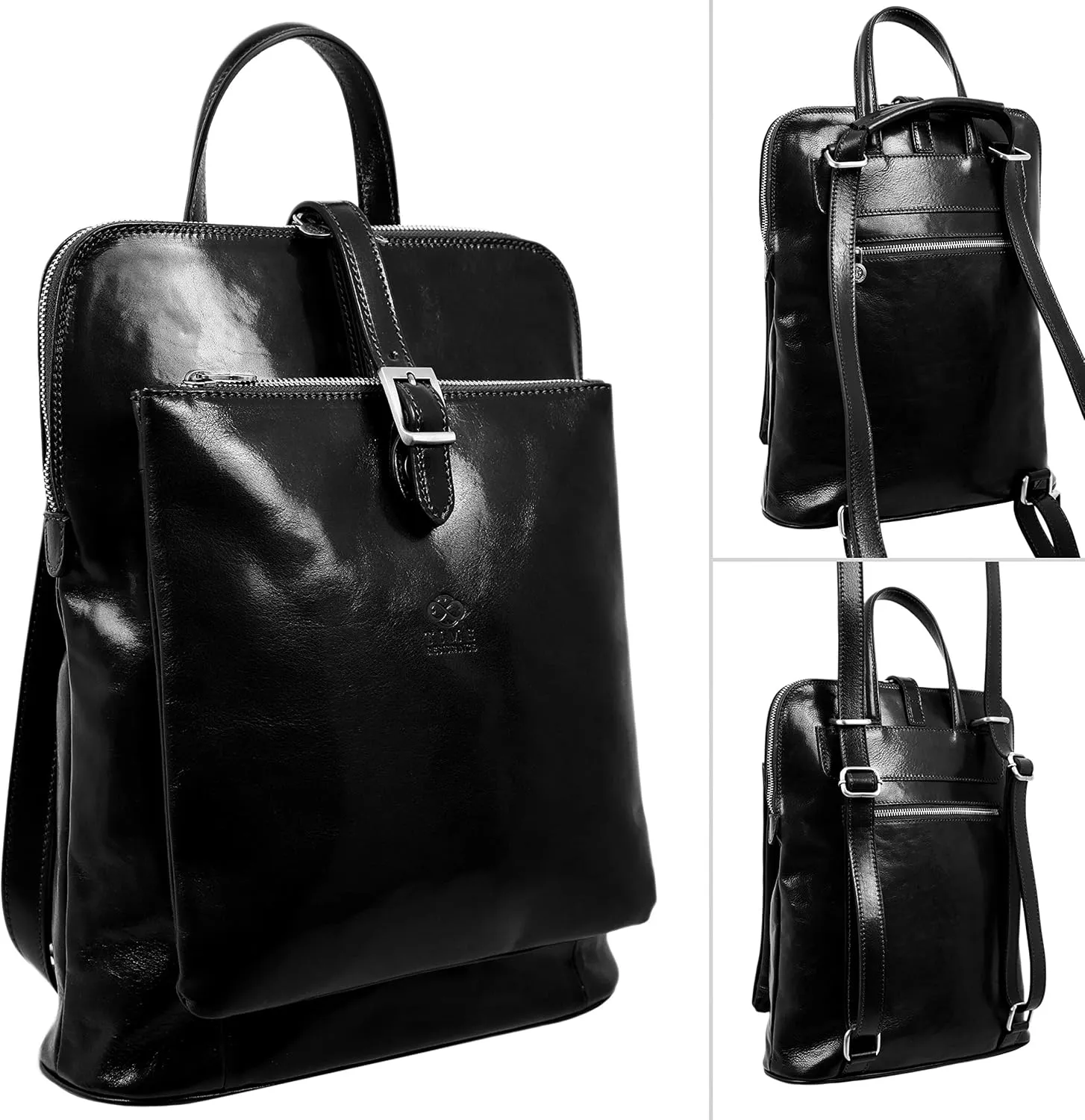 Time Resistance Leather Backpack - Convertible to Shoulder Bag - Full Grain Real Leather Travel Rucksack for Women (Black)