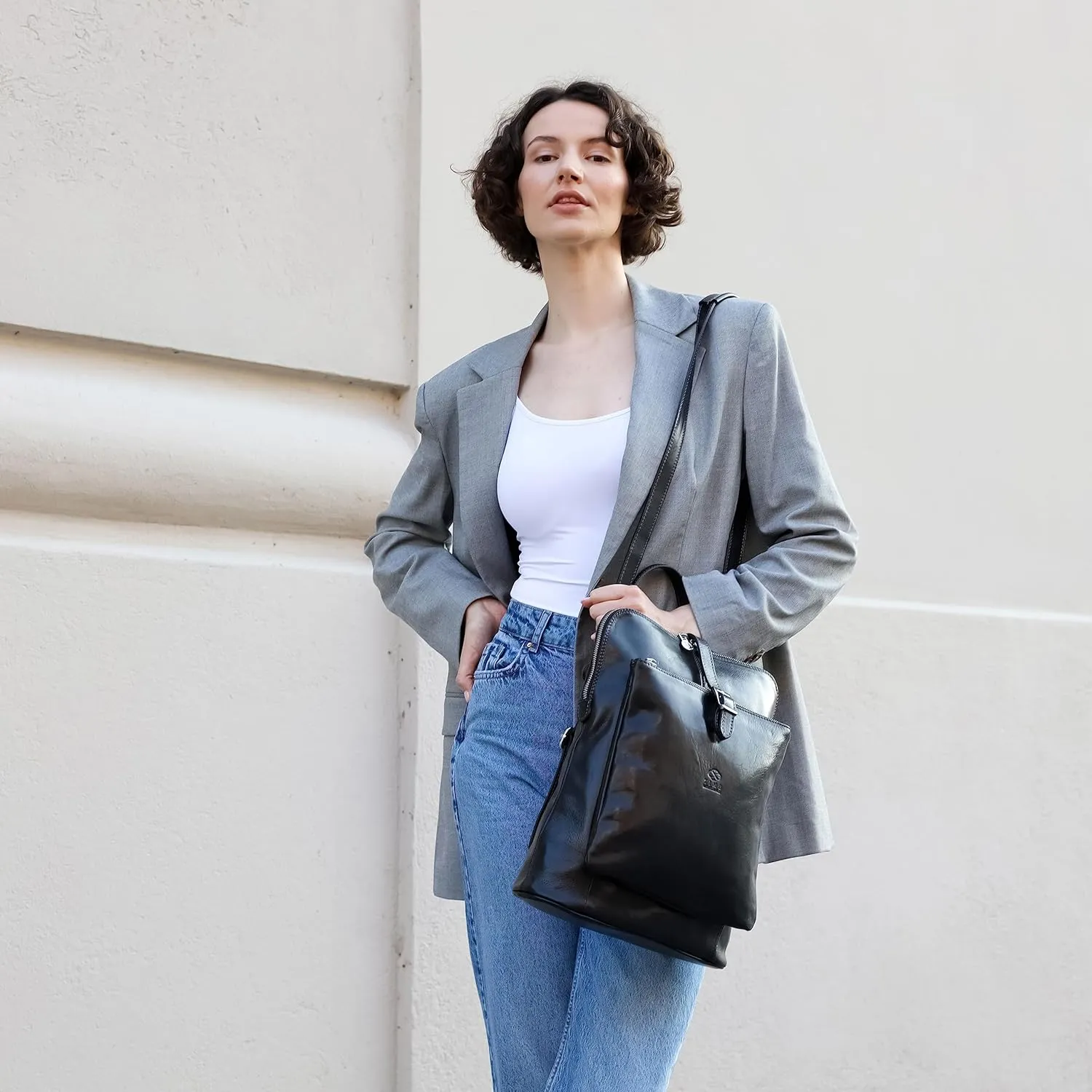 Time Resistance Leather Backpack - Convertible to Shoulder Bag - Full Grain Real Leather Travel Rucksack for Women (Black)