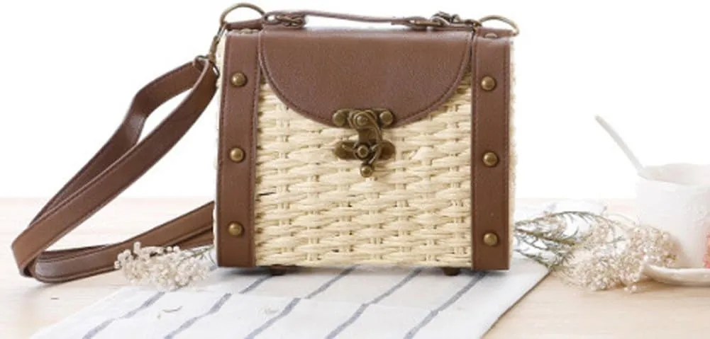 TONWHAR Baroque Style Retro Rivet Portable Small Box Woven Shoulder Messenger Bag