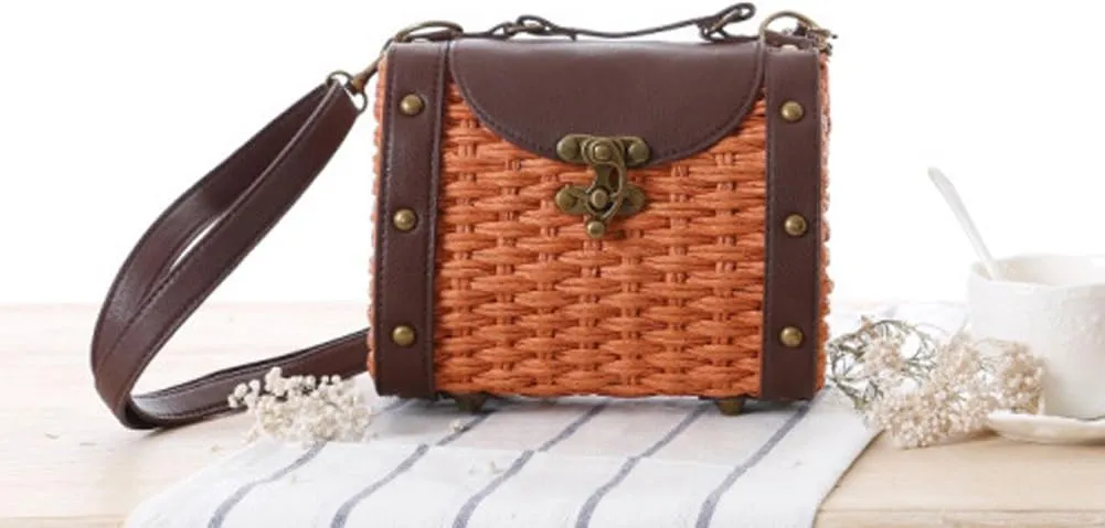 TONWHAR Baroque Style Retro Rivet Portable Small Box Woven Shoulder Messenger Bag