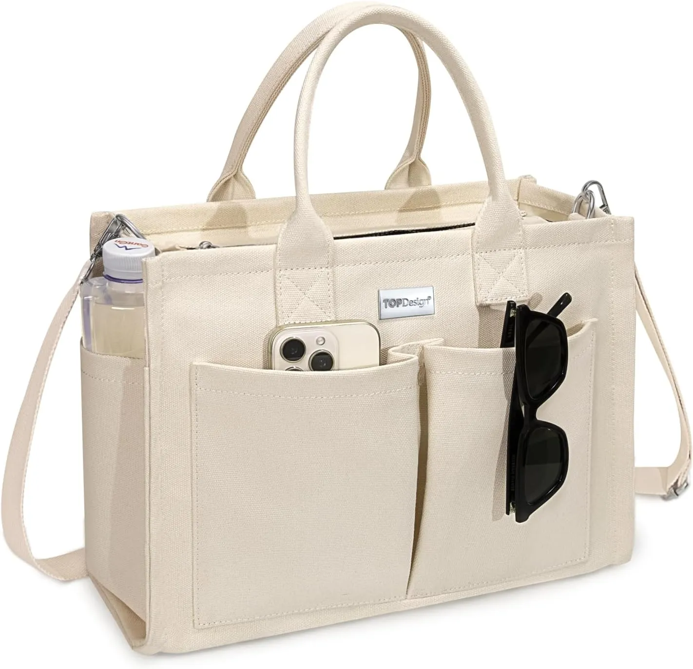 TOPDesign Heavy-Duty Canvas Tote Bag for Women, Adjustable Crossbody/Shoulder Handbag with 9 Pockets, Everything Tote