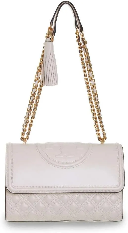 Tory Burch Womens Fleming Quilted Leather Shoulder Handbag Ivory Medium