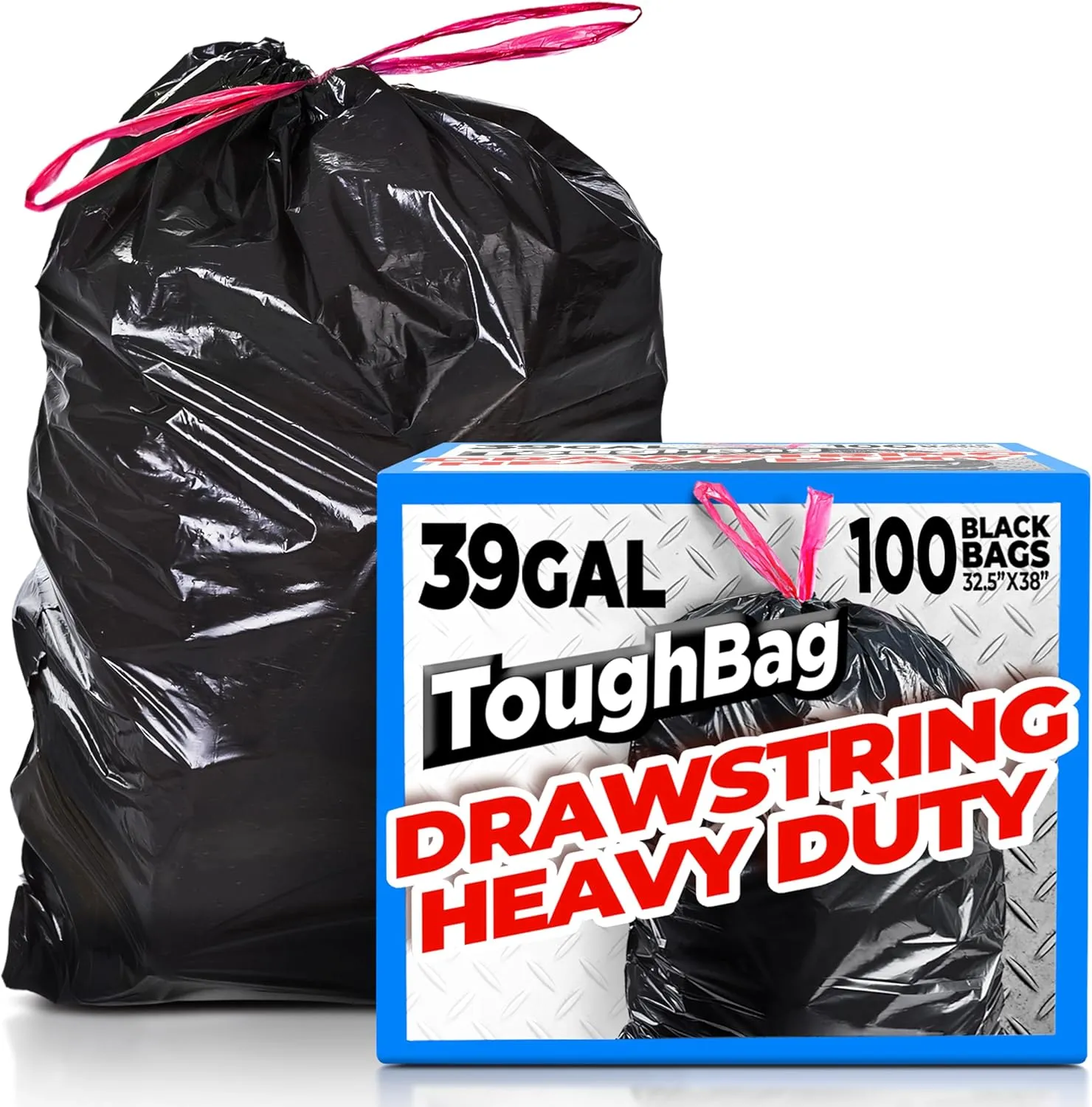 ToughBag 39 Gallon Trash Bags Heavy Duty Drawstring (100 Count) Lawn and Leaf Bags 39 Gallon, Large Black Garbage Can Liners