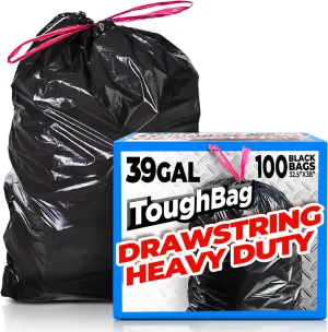 ToughBag 39 Gallon Trash Bags Heavy Duty Drawstring (100 Count) Lawn and Leaf Bags 39 Gallon, Large Black Garbage Can Liners
