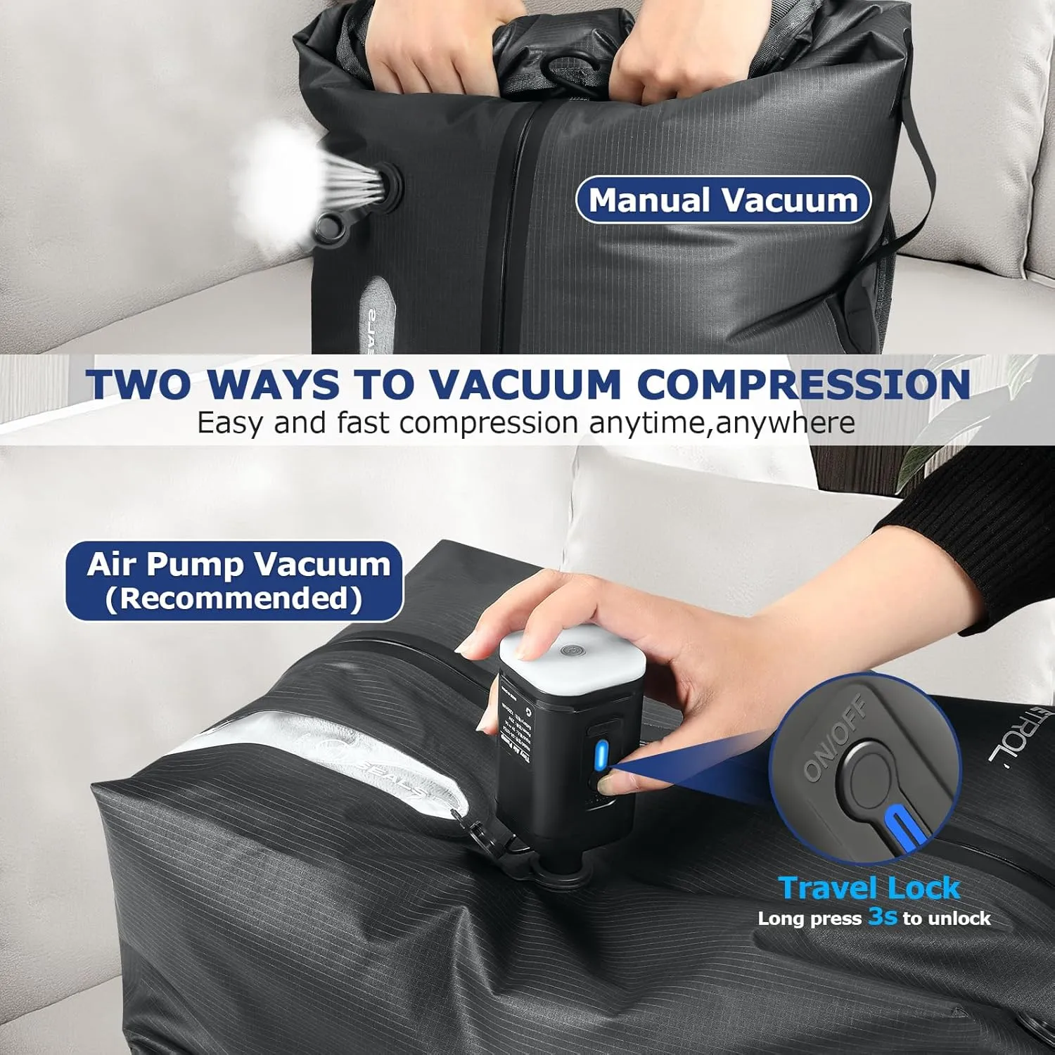 TPU Vacuum Bag for Travel, 70D Nylon Reusable Compression Bag with IP67 Waterproof Zipper, Compression Packing Cubes for Clothing, Space Saver Bags for Luggage and Backpack(Gray-1 PCS   PUMP)