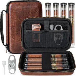 Travel Cigar Humidor Case Portable Travel Cigar Bag with 4 Cigar Tube, Leather Travel Cigar Case Include Cigar Cutter, Cigar Accessories Gift Set for Cigar lovers, Lighter not included