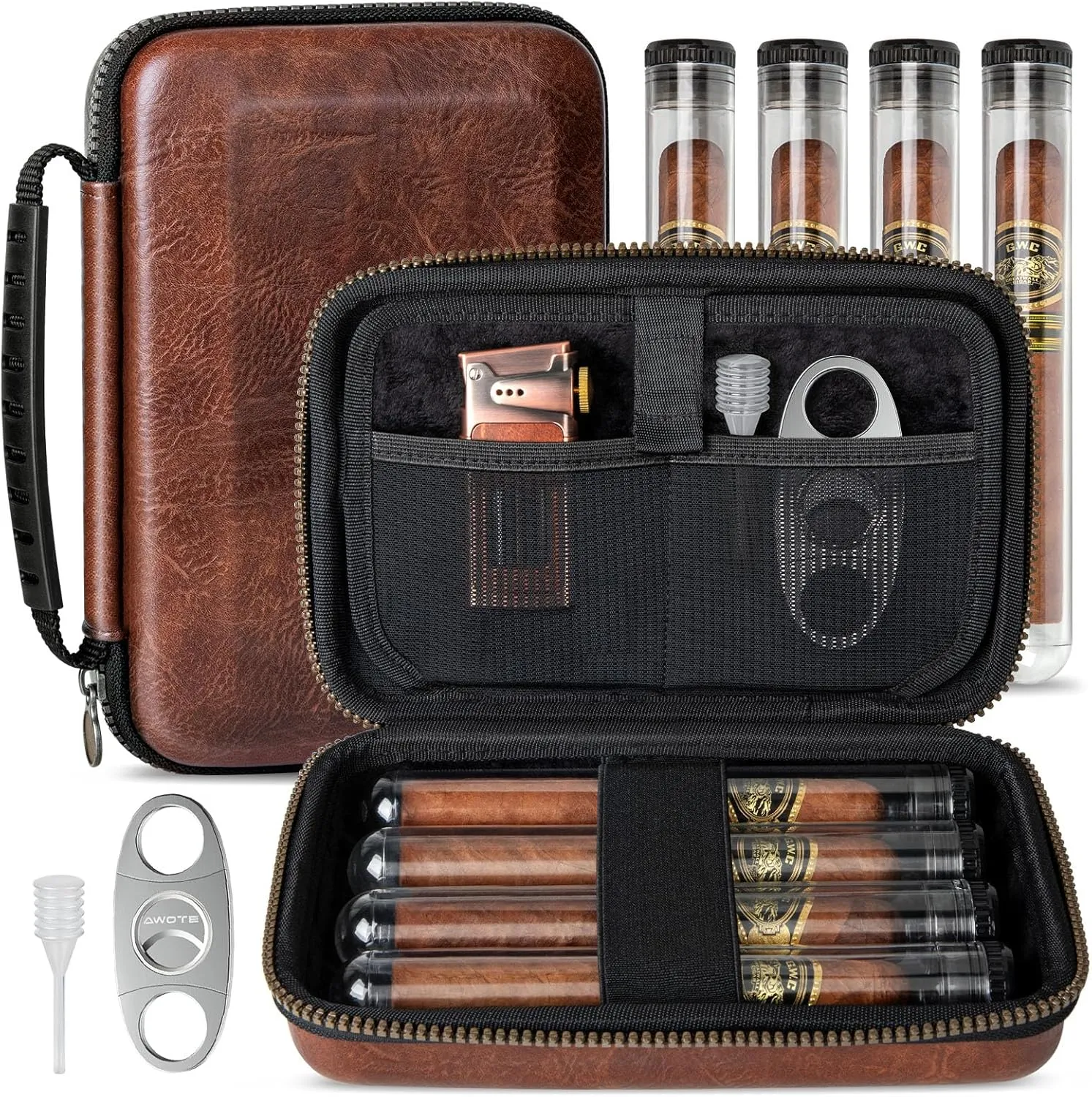 Travel Cigar Humidor Case Portable Travel Cigar Bag with 4 Cigar Tube, Leather Travel Cigar Case Include Cigar Cutter, Cigar Accessories Gift Set for Cigar lovers, Lighter not included
