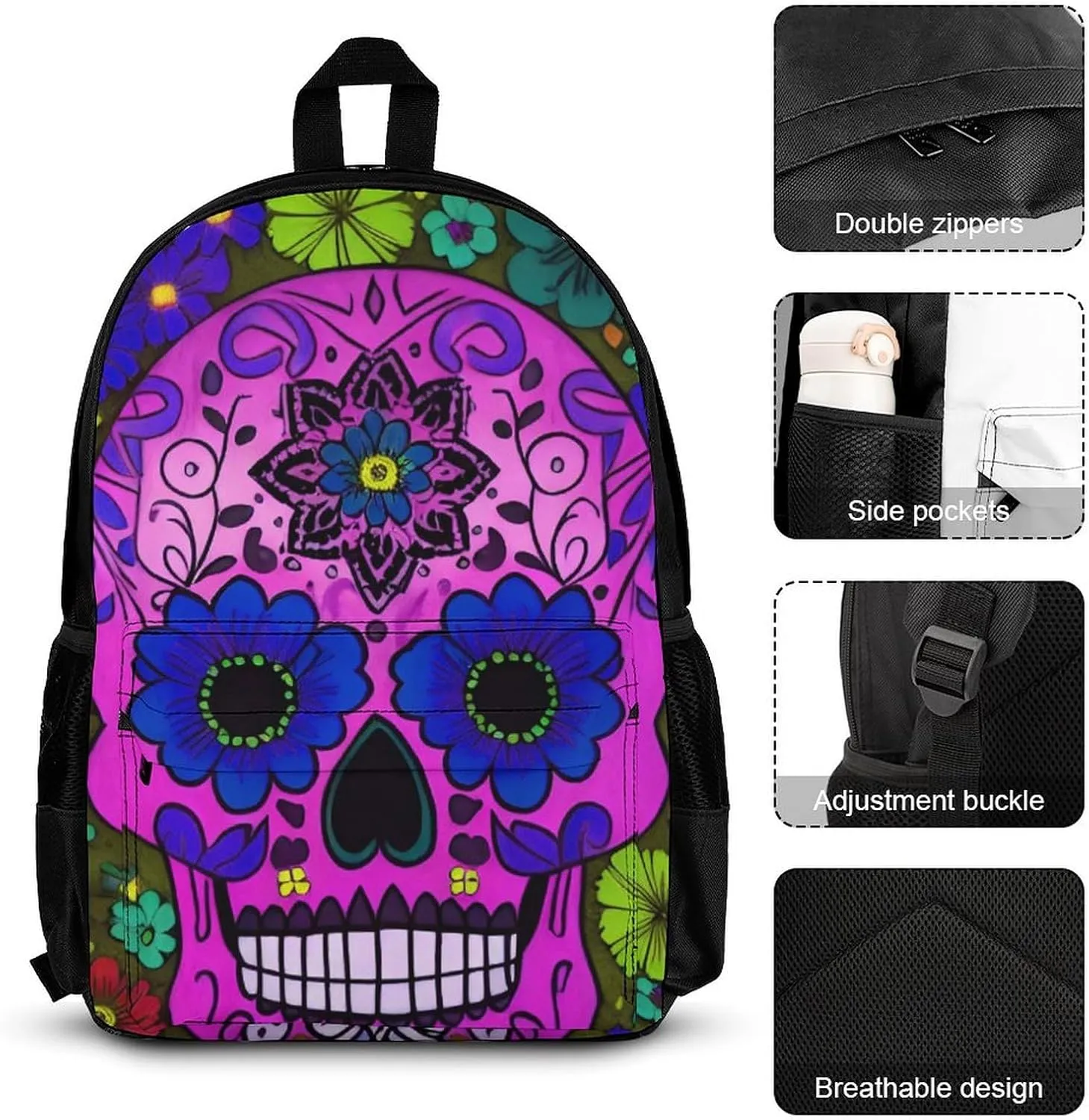 Travel Hiking Backpack 3 Piece Daypack Climbing Shoulder Bag Large Capacity Rucksacks Grunge Mexican Sugar Skulls Day Of The Dead Flowers Art 3 Piece College Daypack for Men