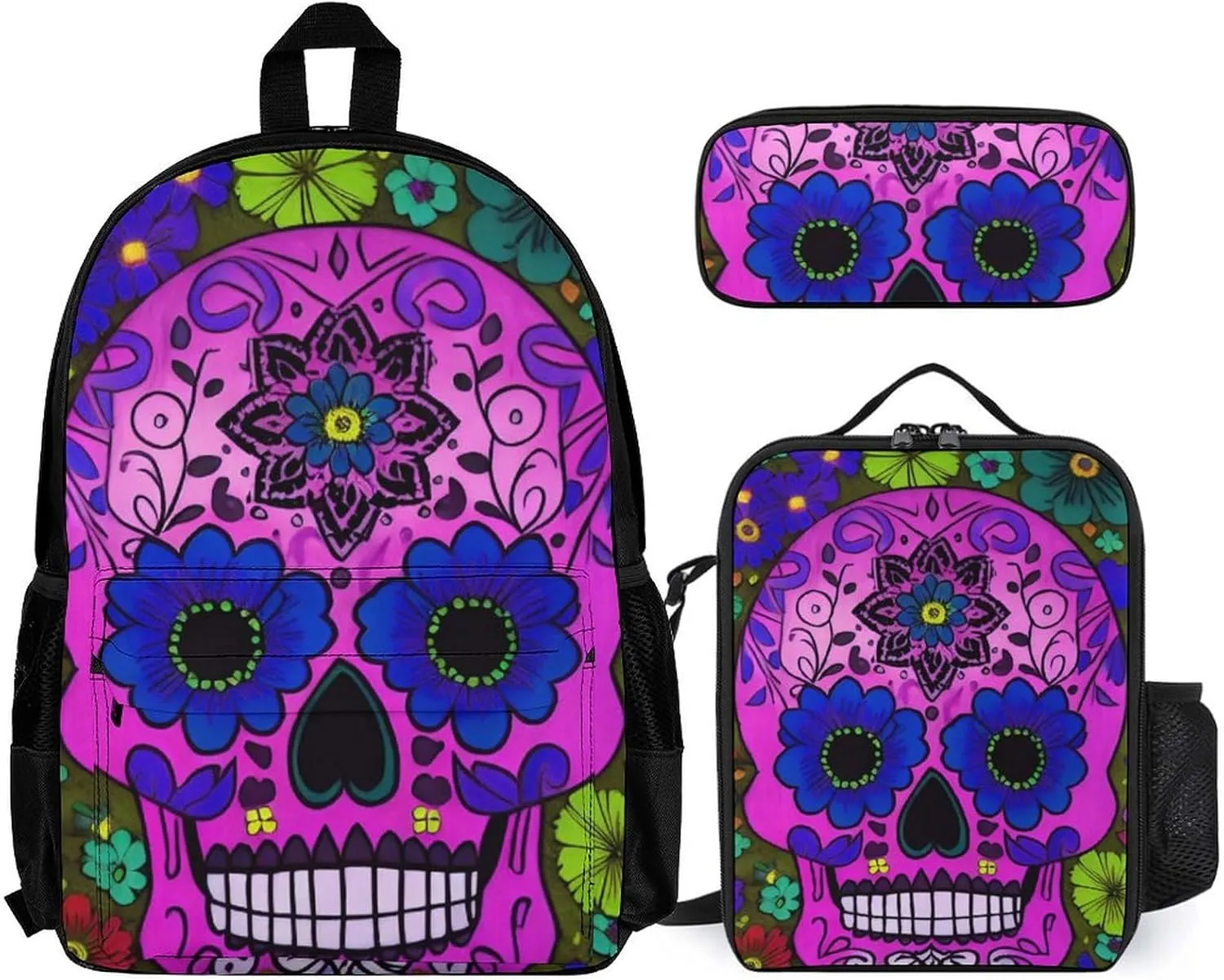 Travel Hiking Backpack 3 Piece Daypack Climbing Shoulder Bag Large Capacity Rucksacks Grunge Mexican Sugar Skulls Day Of The Dead Flowers Art 3 Piece College Daypack for Men