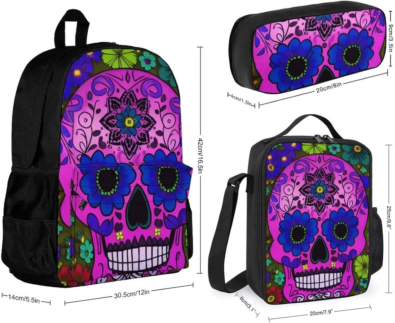 Travel Hiking Backpack 3 Piece Daypack Climbing Shoulder Bag Large Capacity Rucksacks Grunge Mexican Sugar Skulls Day Of The Dead Flowers Art 3 Piece College Daypack for Men