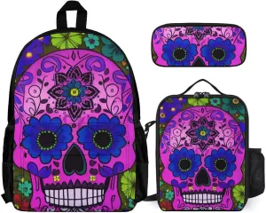 Travel Hiking Backpack 3 Piece Daypack Climbing Shoulder Bag Large Capacity Rucksacks Grunge Mexican Sugar Skulls Day Of The Dead Flowers Art 3 Piece College Daypack for Men