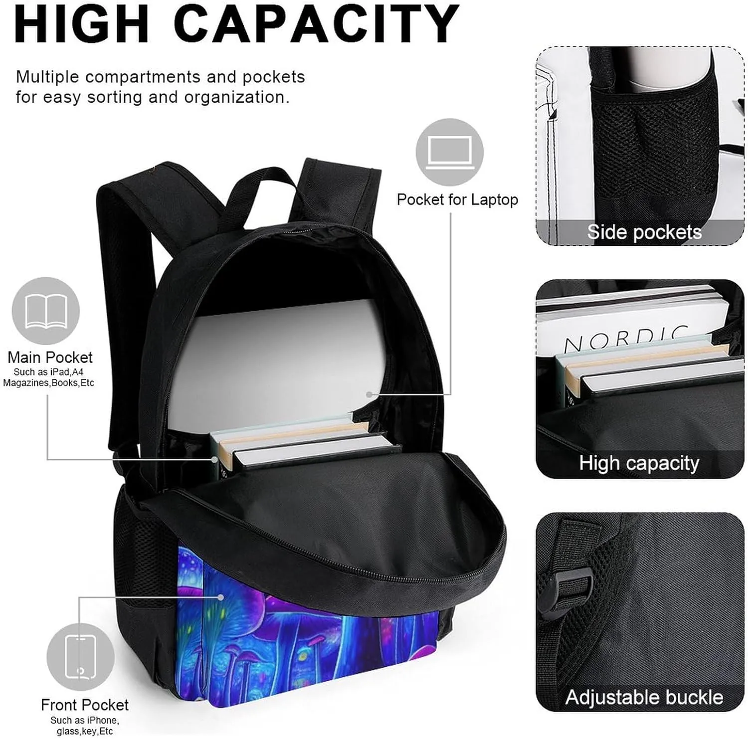 Travel Hiking Backpack 3 Piece Daypack Climbing Shoulder Bag Large Capacity Rucksacks Magic Mushrooms Fairytale Mushrooms Scenery Psychedelic Art 3 Piece College Daypack for Men