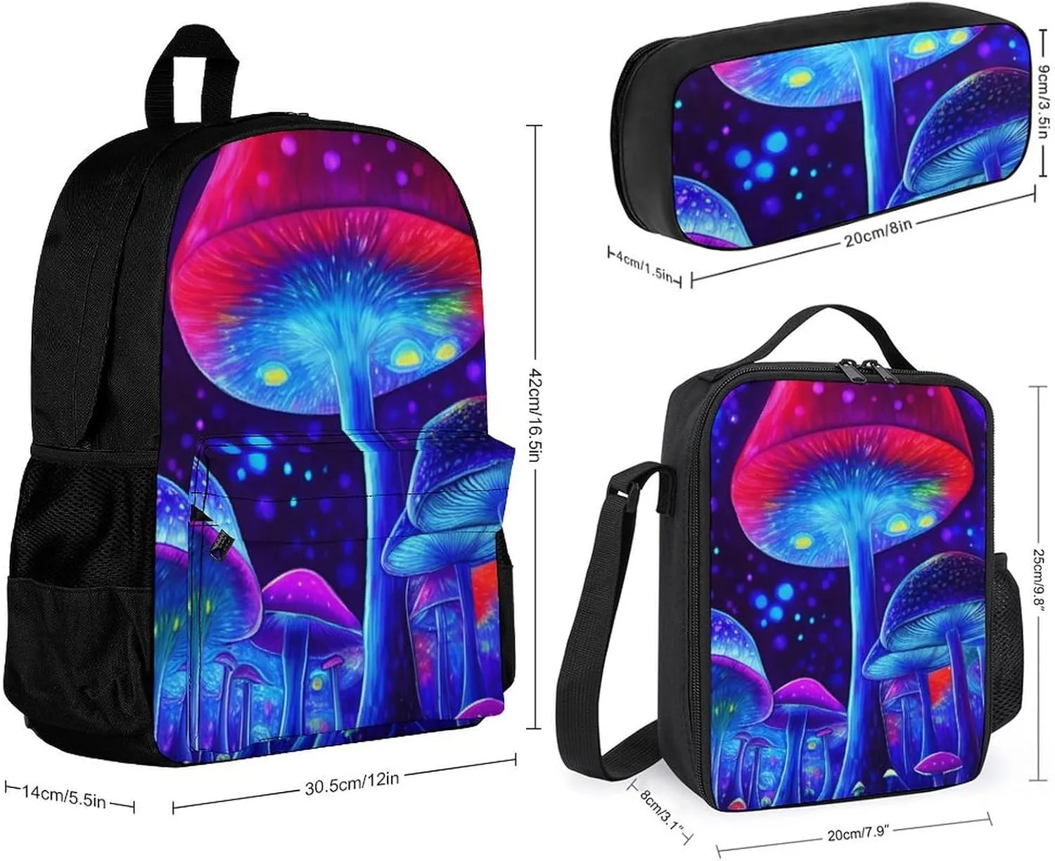 Travel Hiking Backpack 3 Piece Daypack Climbing Shoulder Bag Large Capacity Rucksacks Magic Mushrooms Fairytale Mushrooms Scenery Psychedelic Art 3 Piece College Daypack for Men