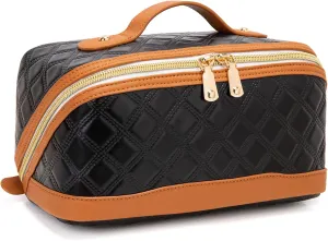 Travel Makeup Bag Large Capacity Cosmetic Bag for Women PU Leather Checkered Open Flat Toiletry Bag Make Up Organizer Bags with Handle and Divider (Black with Brown)