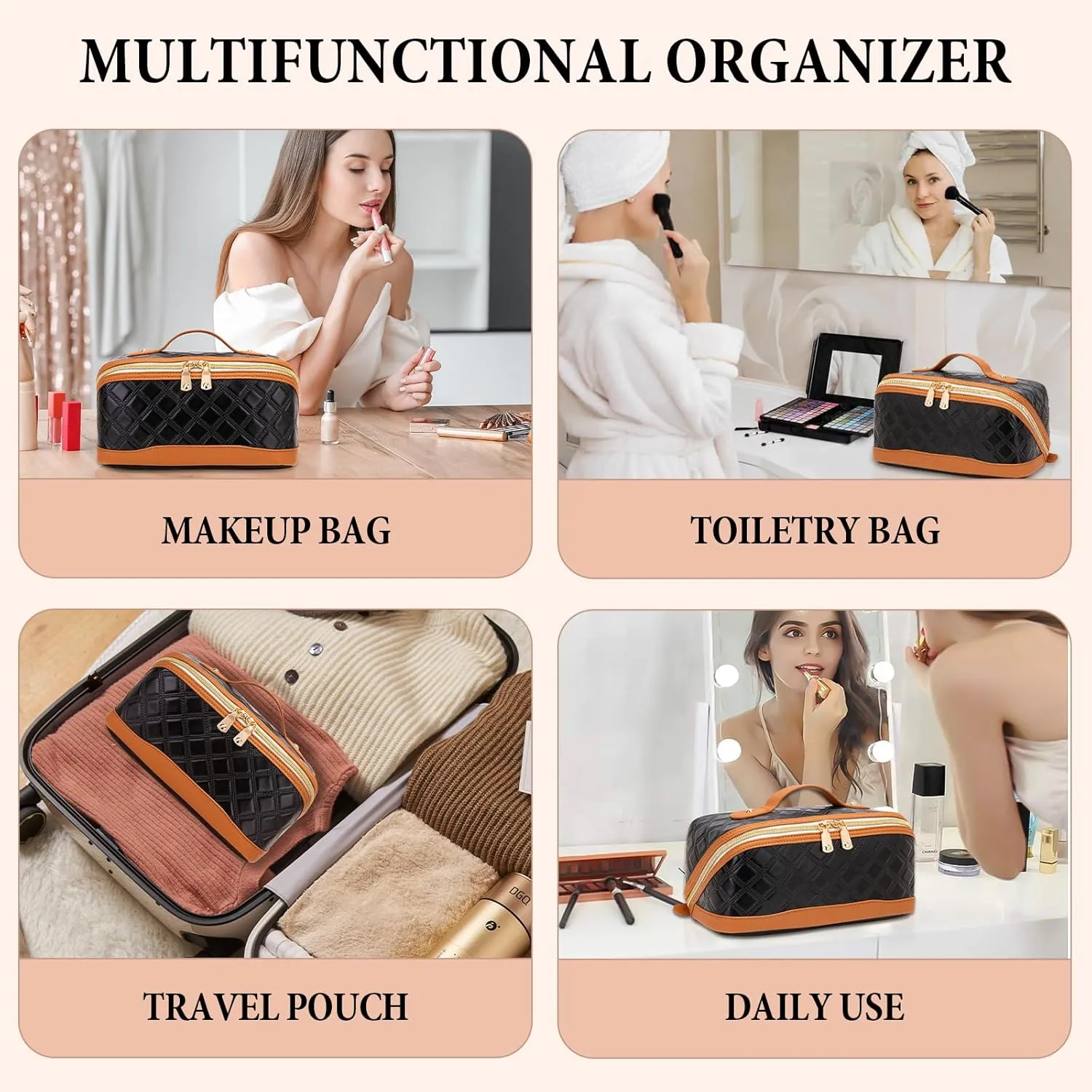 Travel Makeup Bag Large Capacity Cosmetic Bag for Women PU Leather Checkered Open Flat Toiletry Bag Make Up Organizer Bags with Handle and Divider (Black with Brown)