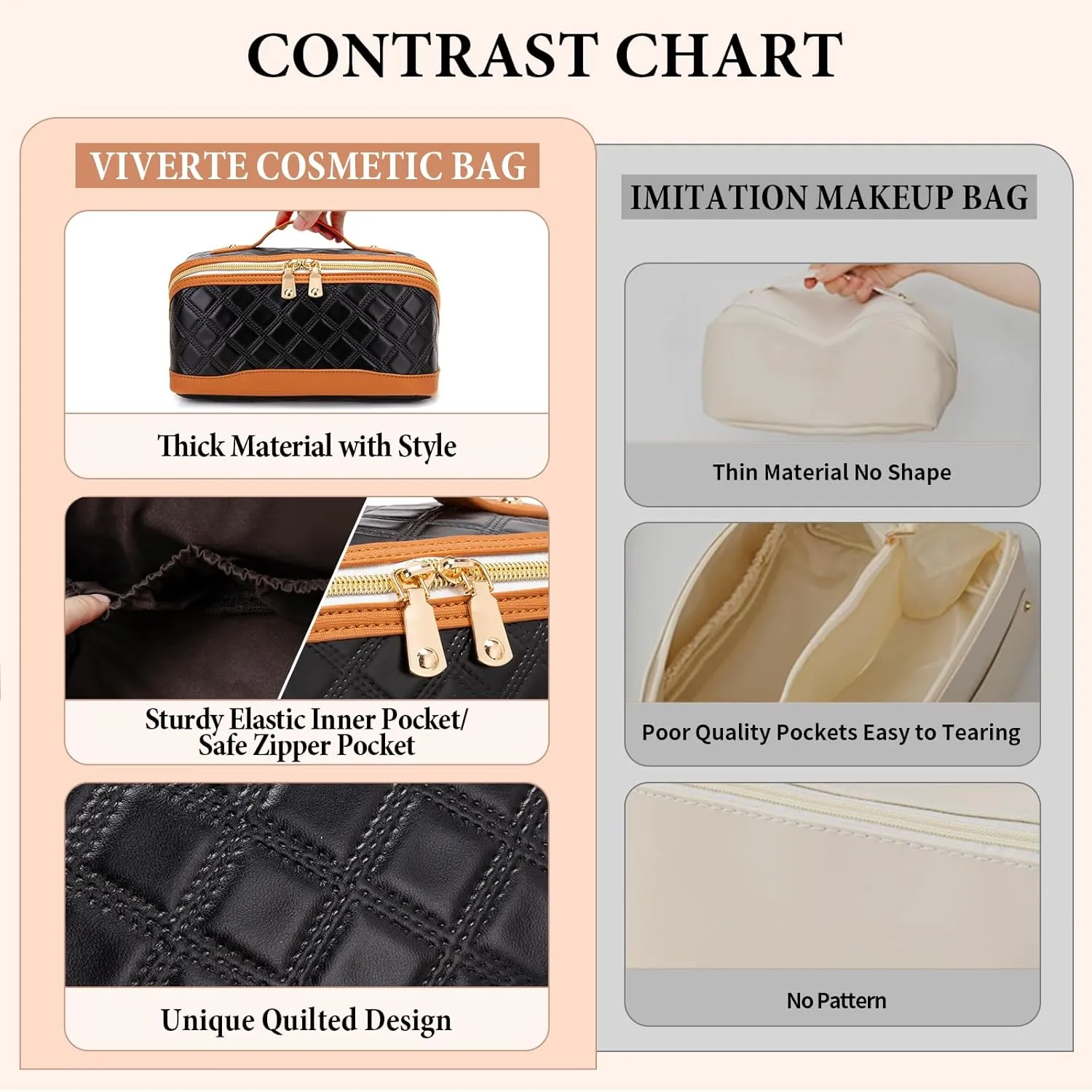 Travel Makeup Bag Large Capacity Cosmetic Bag for Women PU Leather Checkered Open Flat Toiletry Bag Make Up Organizer Bags with Handle and Divider (Black with Brown)