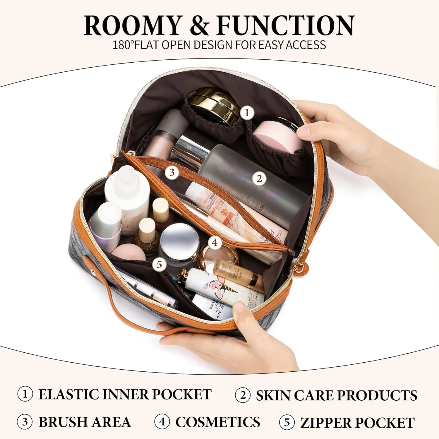Travel Makeup Bag Large Capacity Cosmetic Bag for Women PU Leather Checkered Open Flat Toiletry Bag Make Up Organizer Bags with Handle and Divider (Black with Brown)