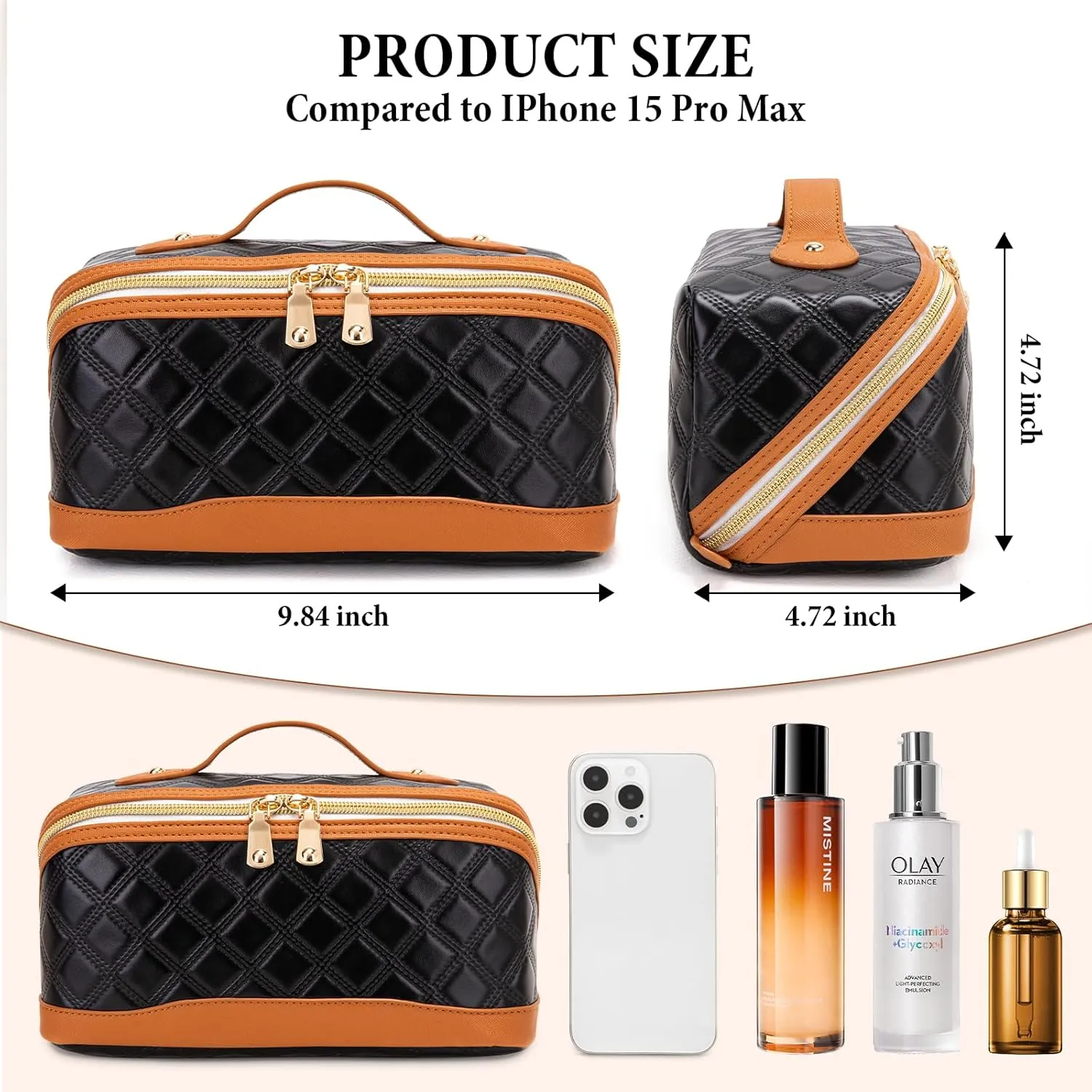 Travel Makeup Bag Large Capacity Cosmetic Bag for Women PU Leather Checkered Open Flat Toiletry Bag Make Up Organizer Bags with Handle and Divider (Black with Brown)