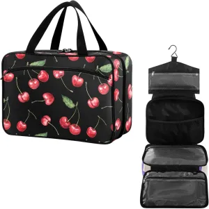 Travel Toiletry Bag for Woman/Men, Black and Red Cherry Fruit Cherries Hanging Organizer Bag with Pockets Portable Folding Travel Case Bags for Makeup Cosmetic Toiletries Storage Traveling-L