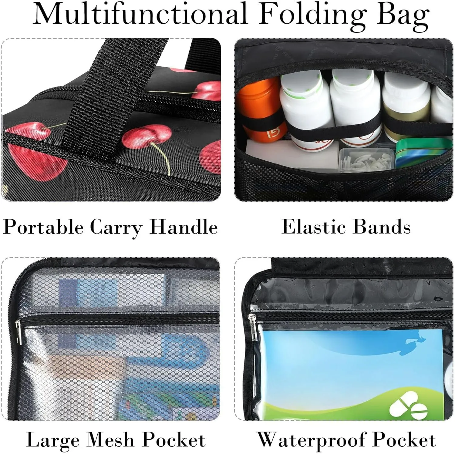 Travel Toiletry Bag for Woman/Men, Black and Red Cherry Fruit Cherries Hanging Organizer Bag with Pockets Portable Folding Travel Case Bags for Makeup Cosmetic Toiletries Storage Traveling-L
