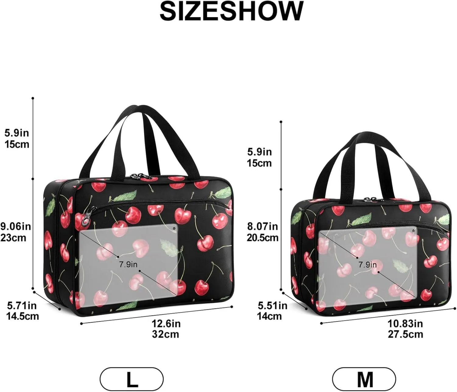 Travel Toiletry Bag for Woman/Men, Black and Red Cherry Fruit Cherries Hanging Organizer Bag with Pockets Portable Folding Travel Case Bags for Makeup Cosmetic Toiletries Storage Traveling-L