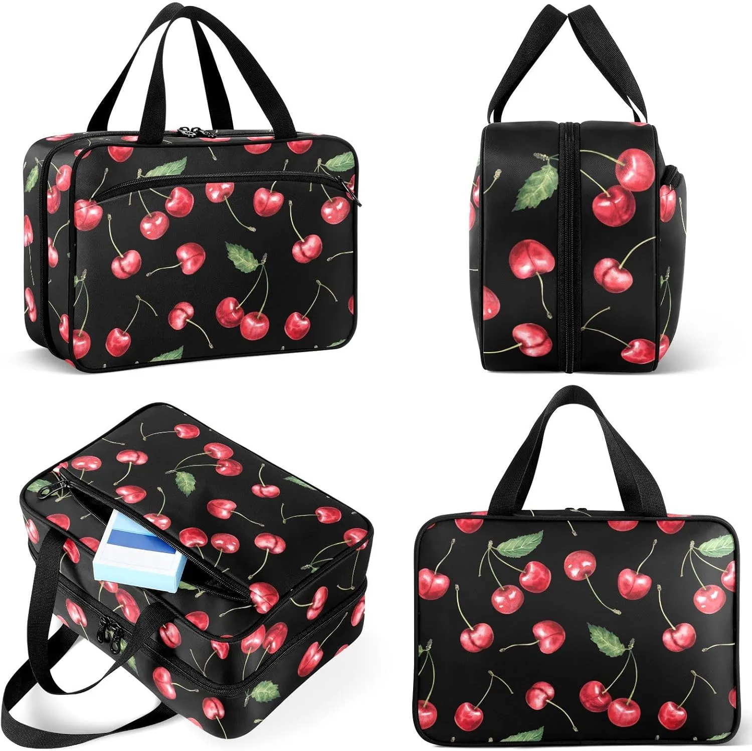 Travel Toiletry Bag for Woman/Men, Black and Red Cherry Fruit Cherries Hanging Organizer Bag with Pockets Portable Folding Travel Case Bags for Makeup Cosmetic Toiletries Storage Traveling-L