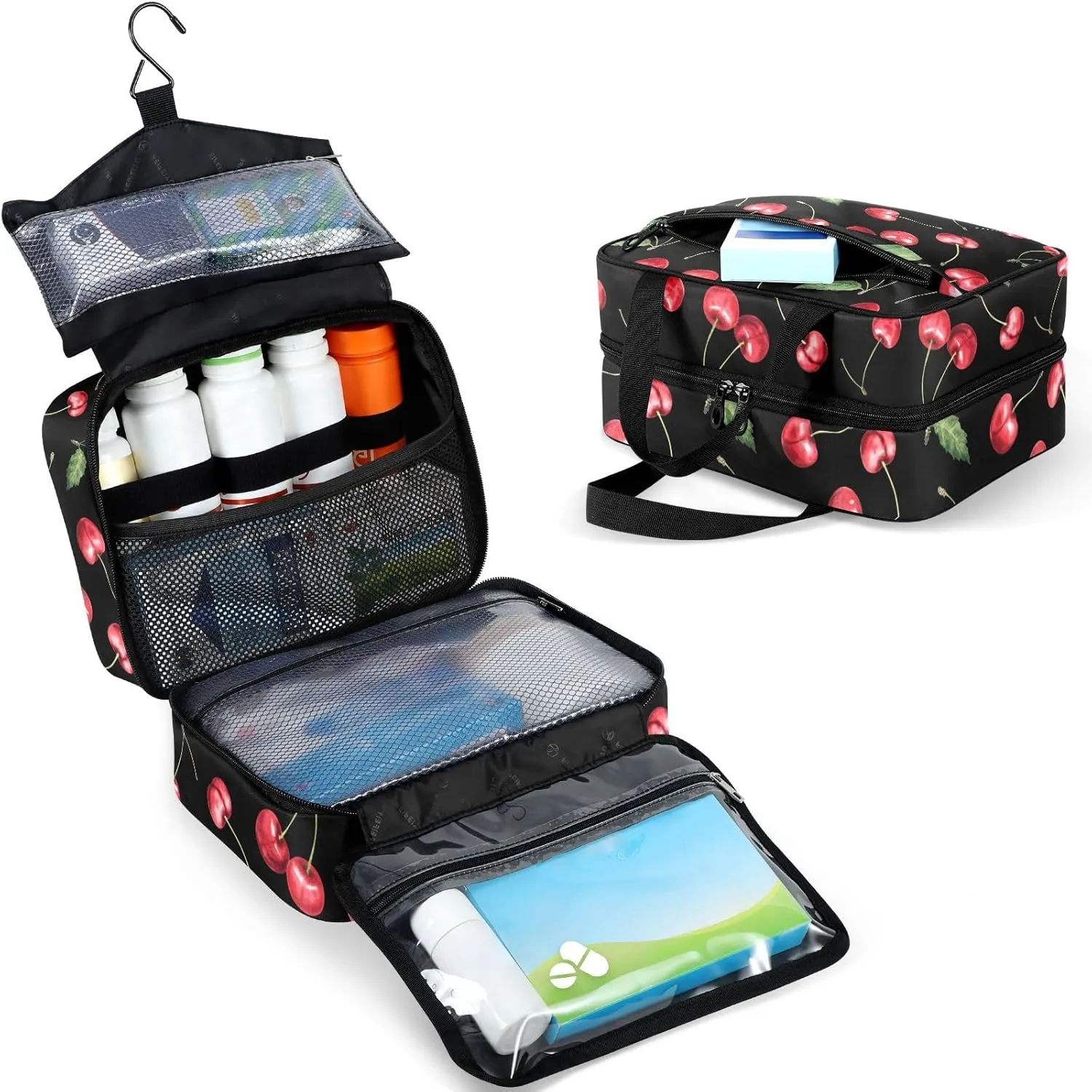 Travel Toiletry Bag for Woman/Men, Black and Red Cherry Fruit Cherries Hanging Organizer Bag with Pockets Portable Folding Travel Case Bags for Makeup Cosmetic Toiletries Storage Traveling-L
